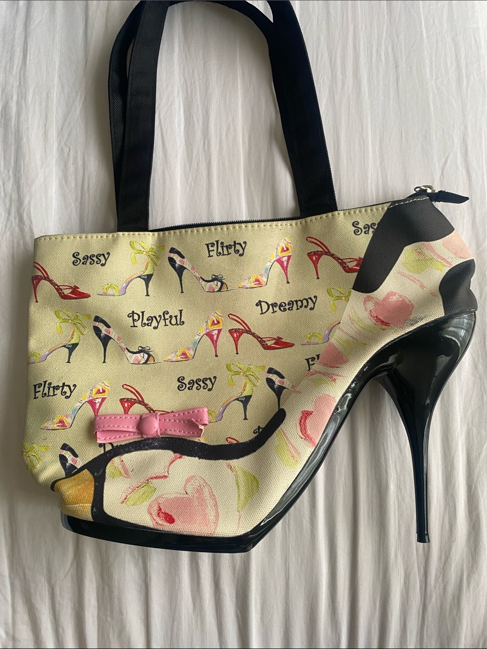 The Bradford Exchange Beige Floral & Pink Accent Tote with Black Heel Motif